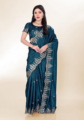 Teal Green Embroidered Silk Saree Set