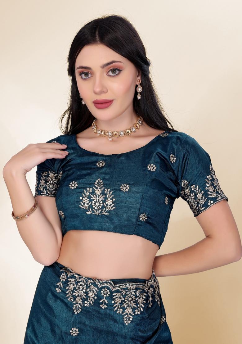 Teal Green Embroidered Silk Saree Set