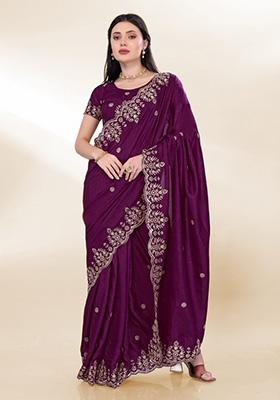 Purple Embroidered Silk Saree Set
