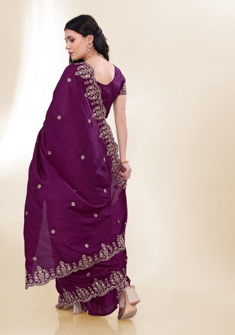 Purple Embroidered Silk Saree Set