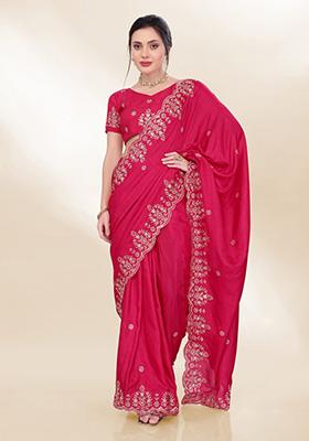 Rani Pink Embroidered Silk Saree Set