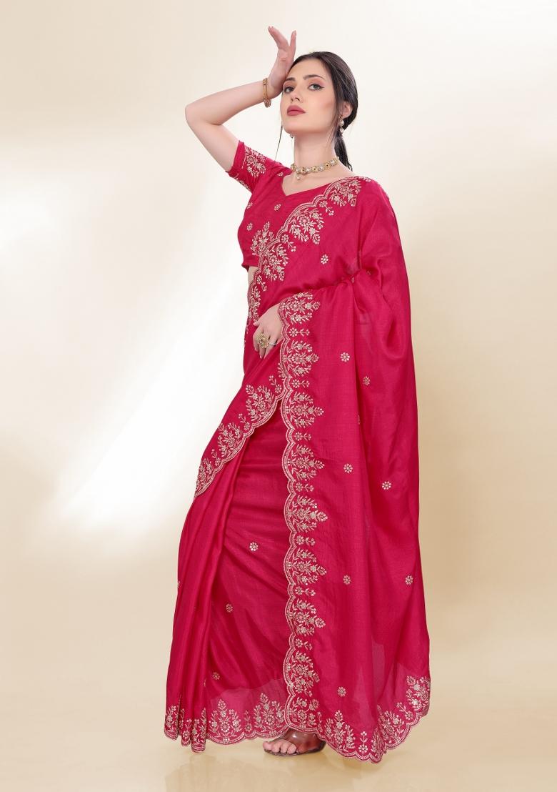 Rani Pink Embroidered Silk Saree Set
