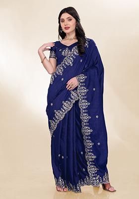 Navy Blue Embroidered Silk Saree Set