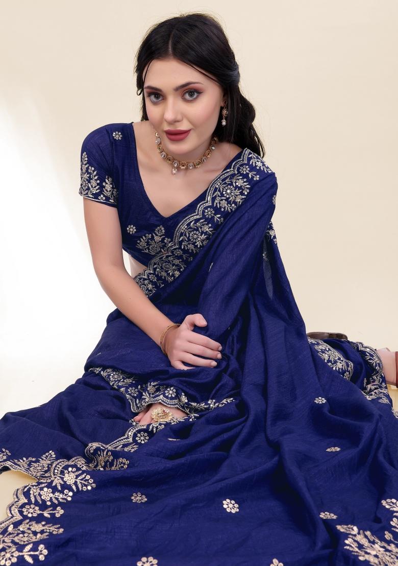 Navy Blue Embroidered Silk Saree Set