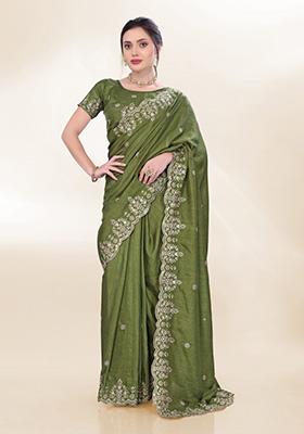 Mahendi Green Embroidered Silk Saree Set