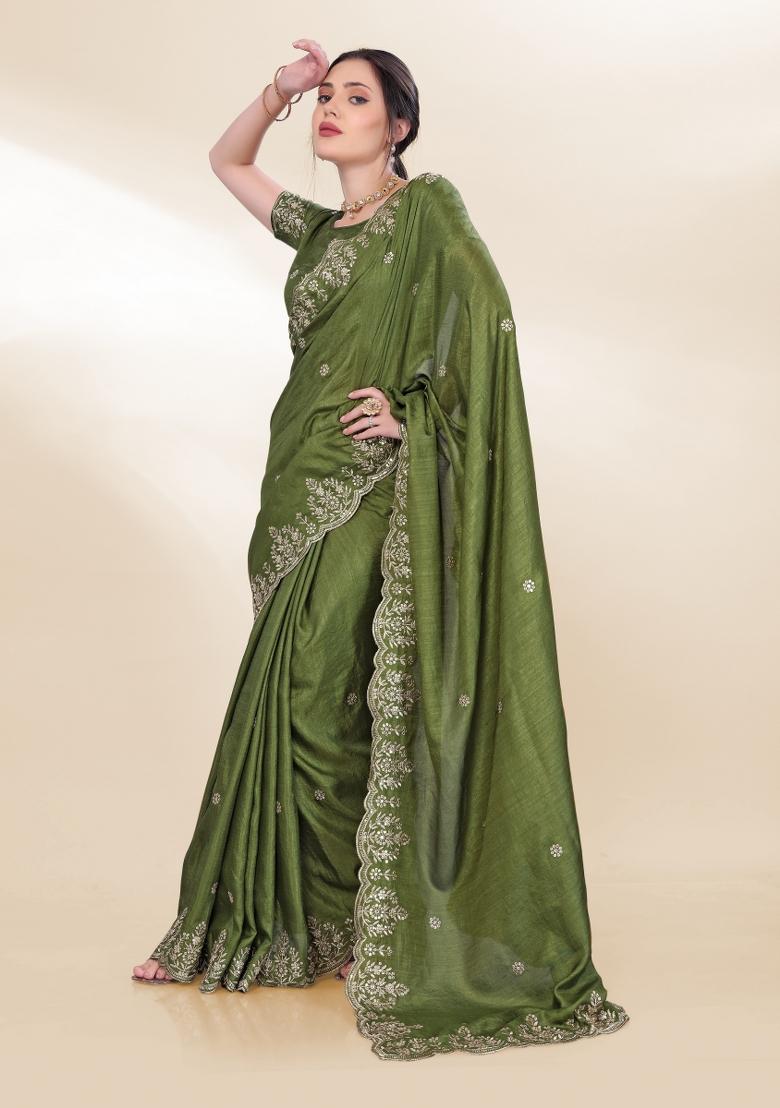 Mahendi Green Embroidered Silk Saree Set