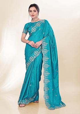 Sky Blue Embroidered Silk Saree Set