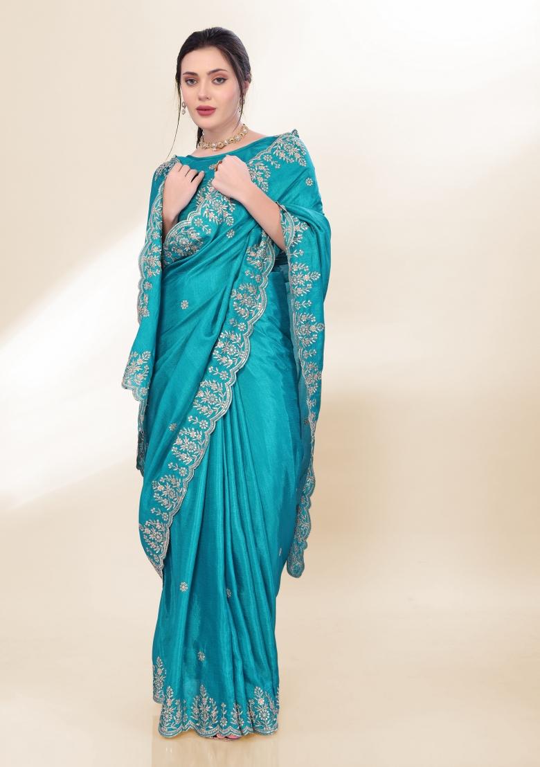 Sky Blue Embroidered Silk Saree Set