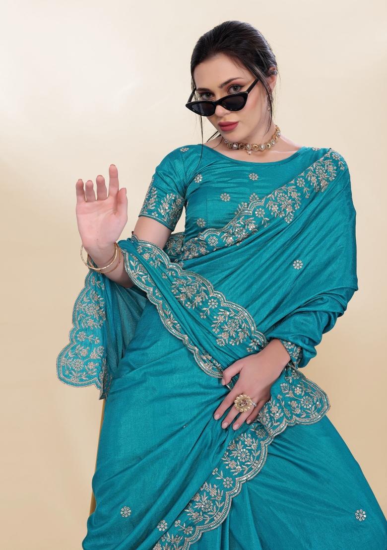 Sky Blue Embroidered Silk Saree Set