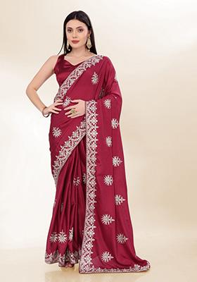 Maroon Embroidered Silk Saree Set
