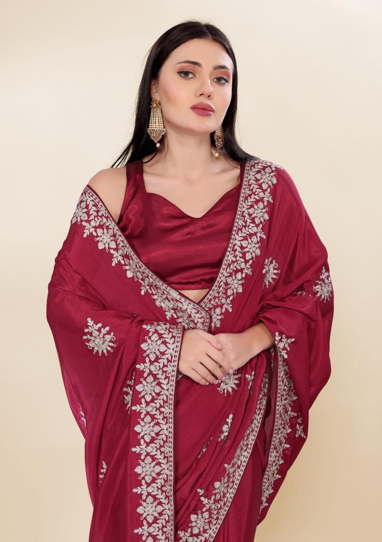 Maroon Embroidered Silk Saree Set