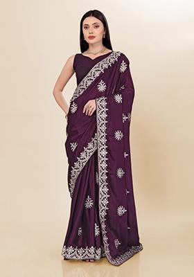 Purple Embroidered Silk Saree Set