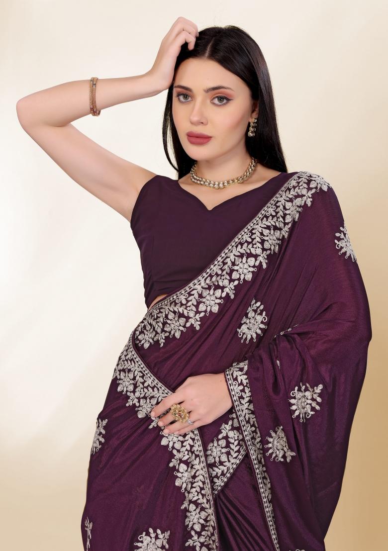 Purple Embroidered Silk Saree Set