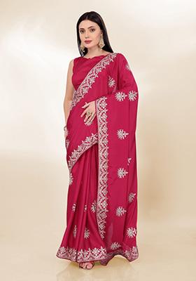 Rani Pink Embroidered Silk Saree Set