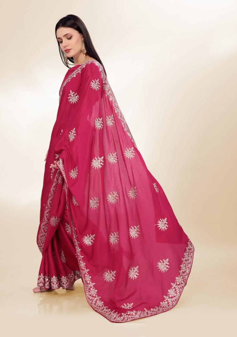 Rani Pink Embroidered Silk Saree Set
