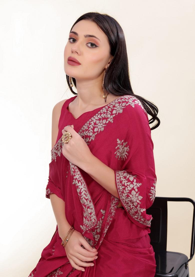 Rani Pink Embroidered Silk Saree Set