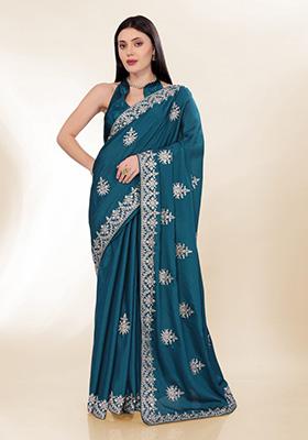 Blue Embroidered Silk Saree Set