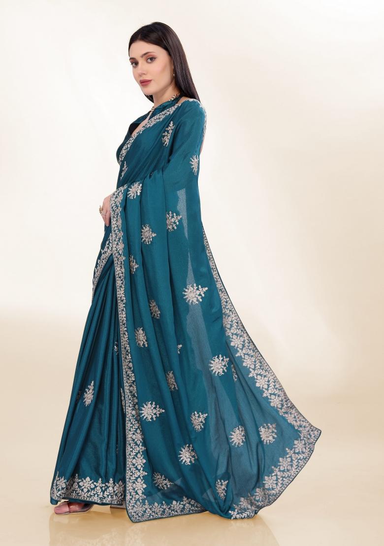 Blue Embroidered Silk Saree Set