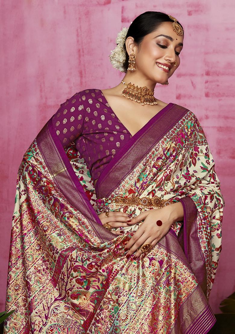 Off White Printed Silk Saree Set