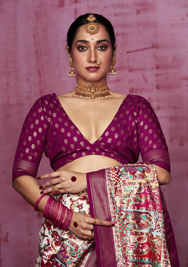 Off White Printed Silk Saree Set