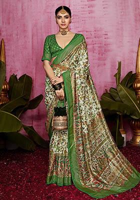 Off White Printed Silk Saree Set