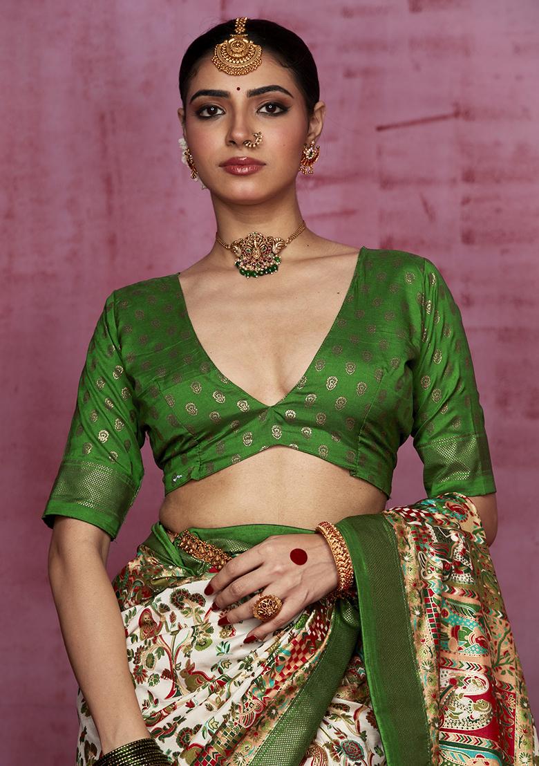 Off White Printed Silk Saree Set