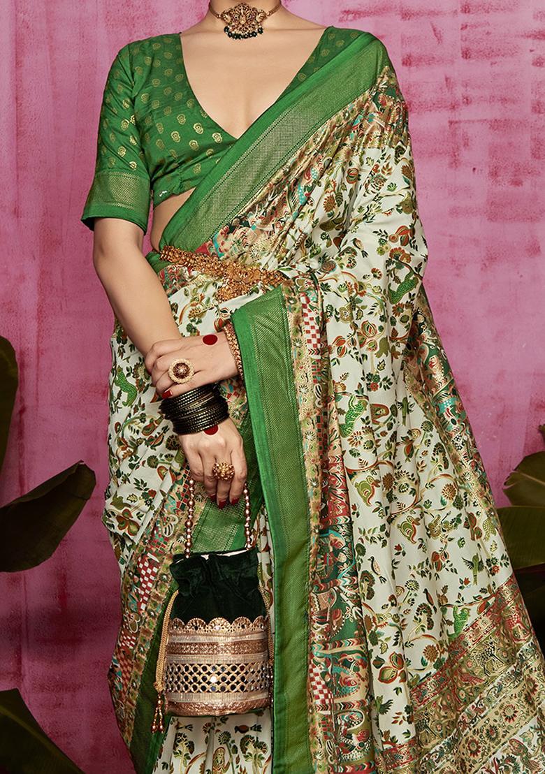 Off White Printed Silk Saree Set
