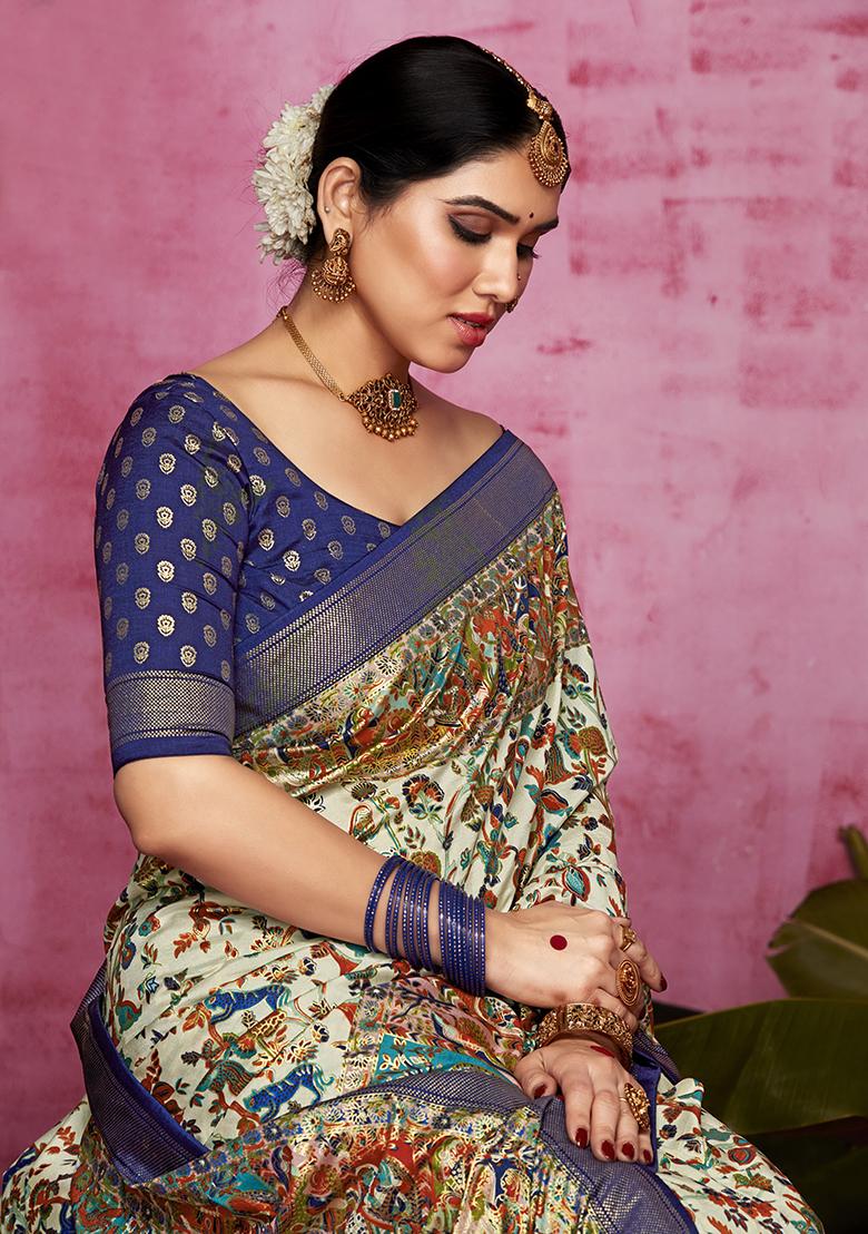 Off White Printed Silk Saree Set