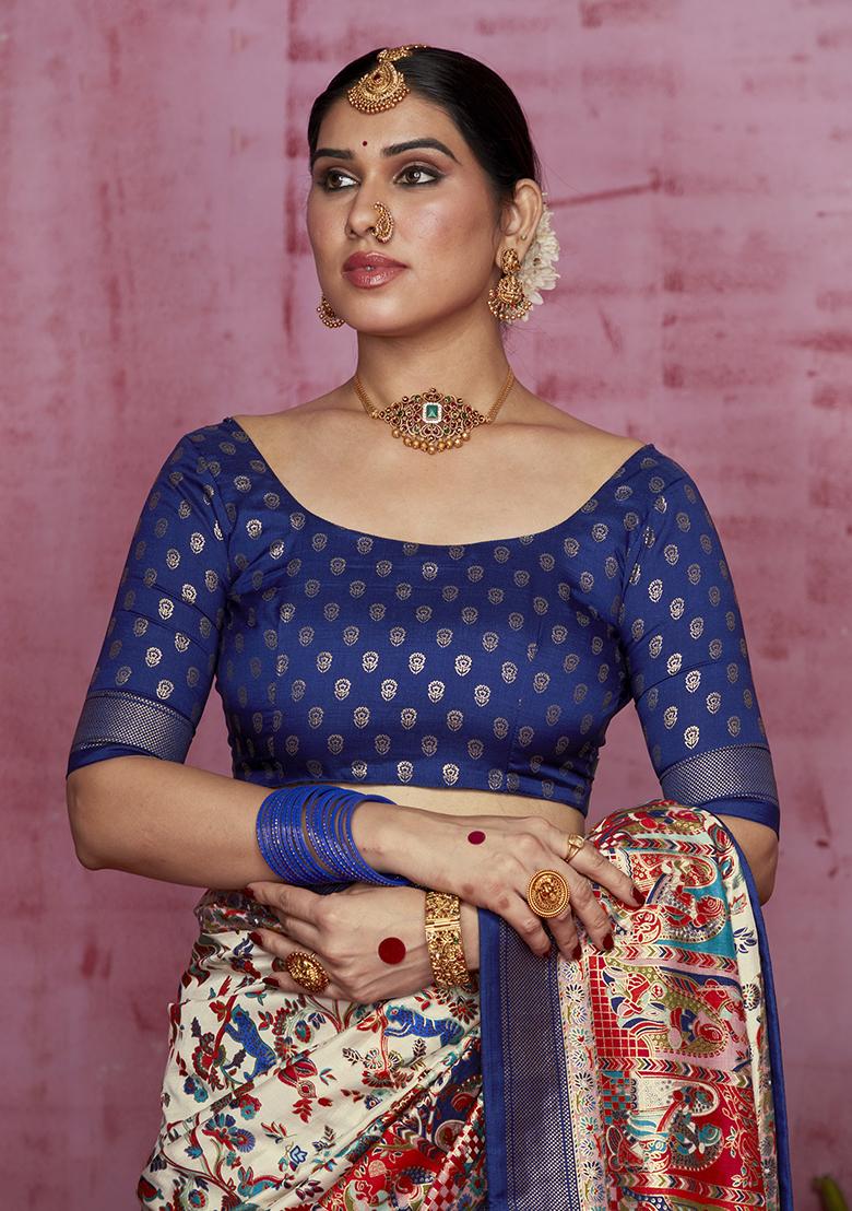 Off White Printed Silk Saree Set