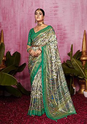 Off White Printed Silk Saree Set