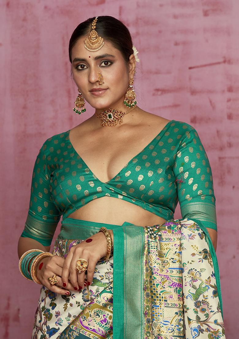 Off White Printed Silk Saree Set