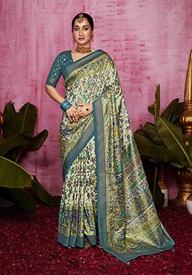 Off White Printed Silk Saree Set