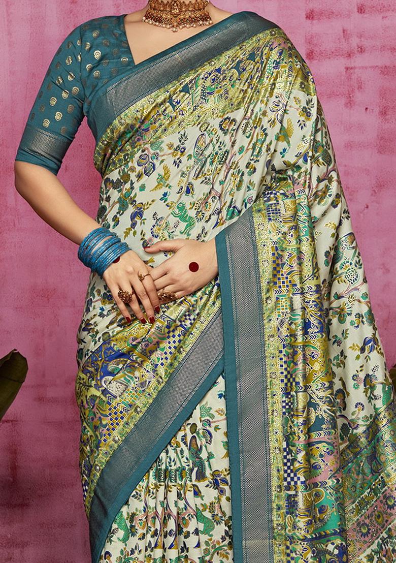 Off White Printed Silk Saree Set