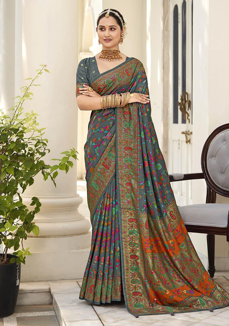 Mineral Green Printed Silk Saree Set