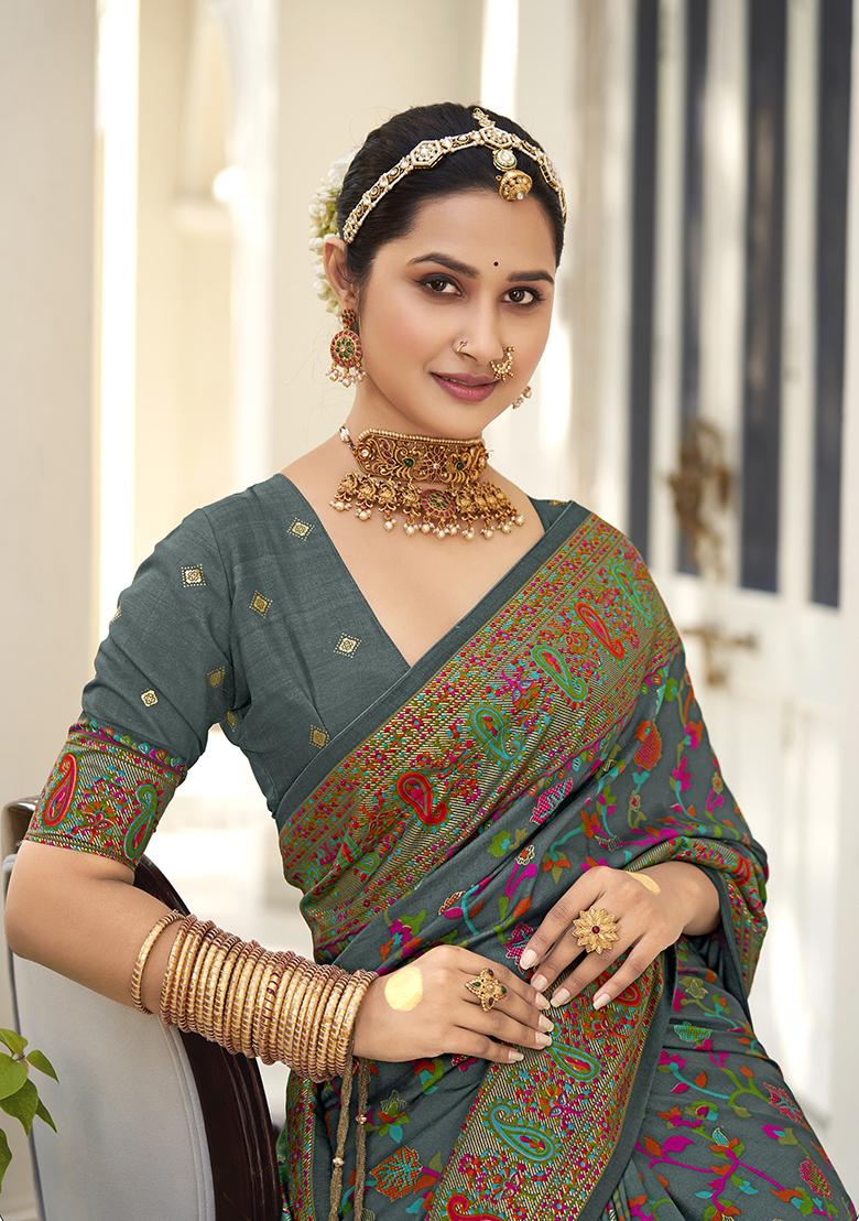 Mineral Green Printed Silk Saree Set