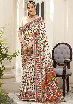 Off White Printed Silk Saree Set