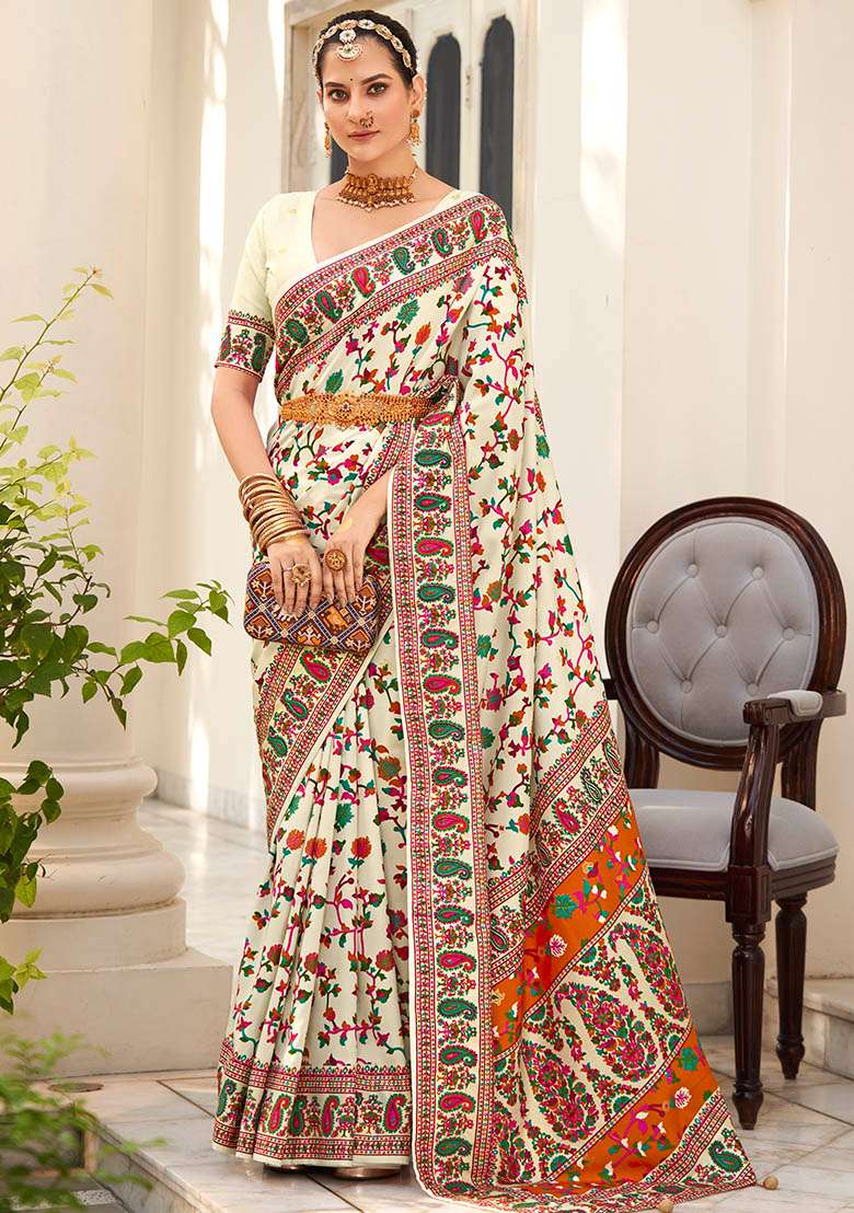 Off White Printed Silk Saree Set - Indya
