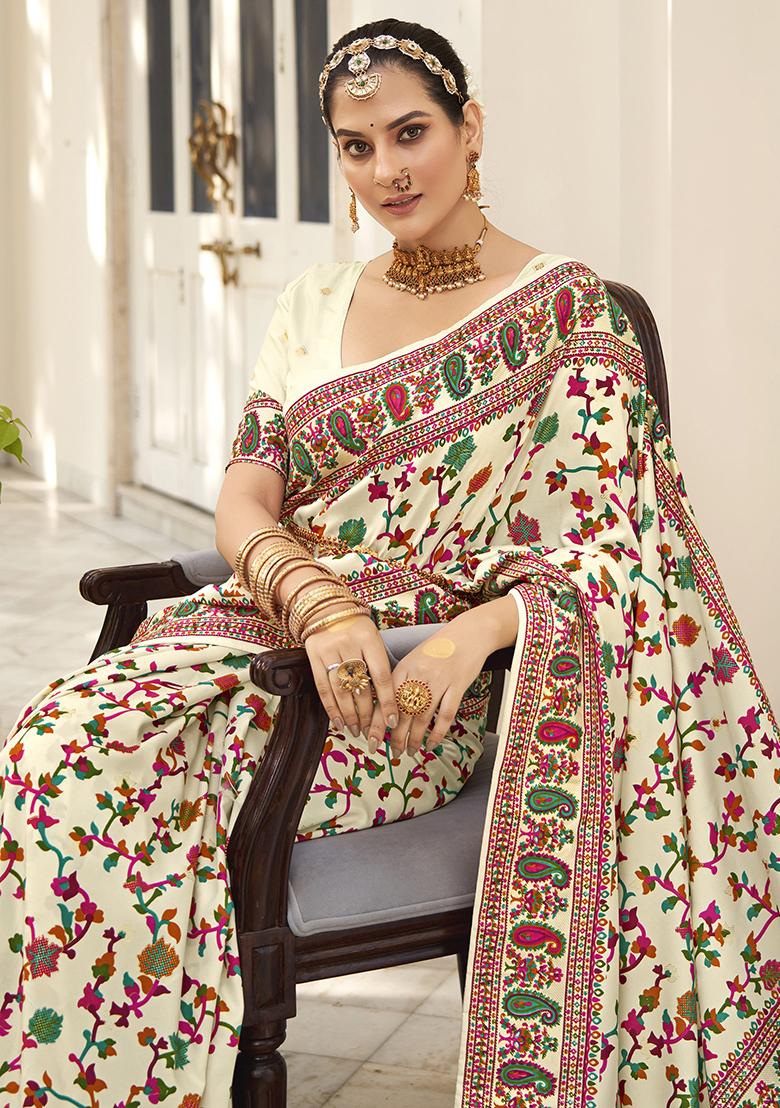 Off White Printed Silk Saree Set