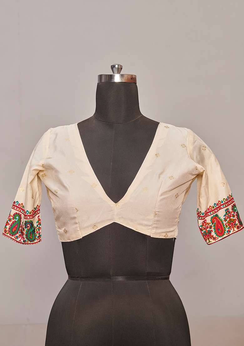 Off White Printed Silk Saree Set - Indya