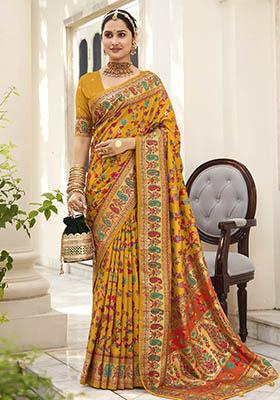 Dark Orange Printed Silk Saree Set