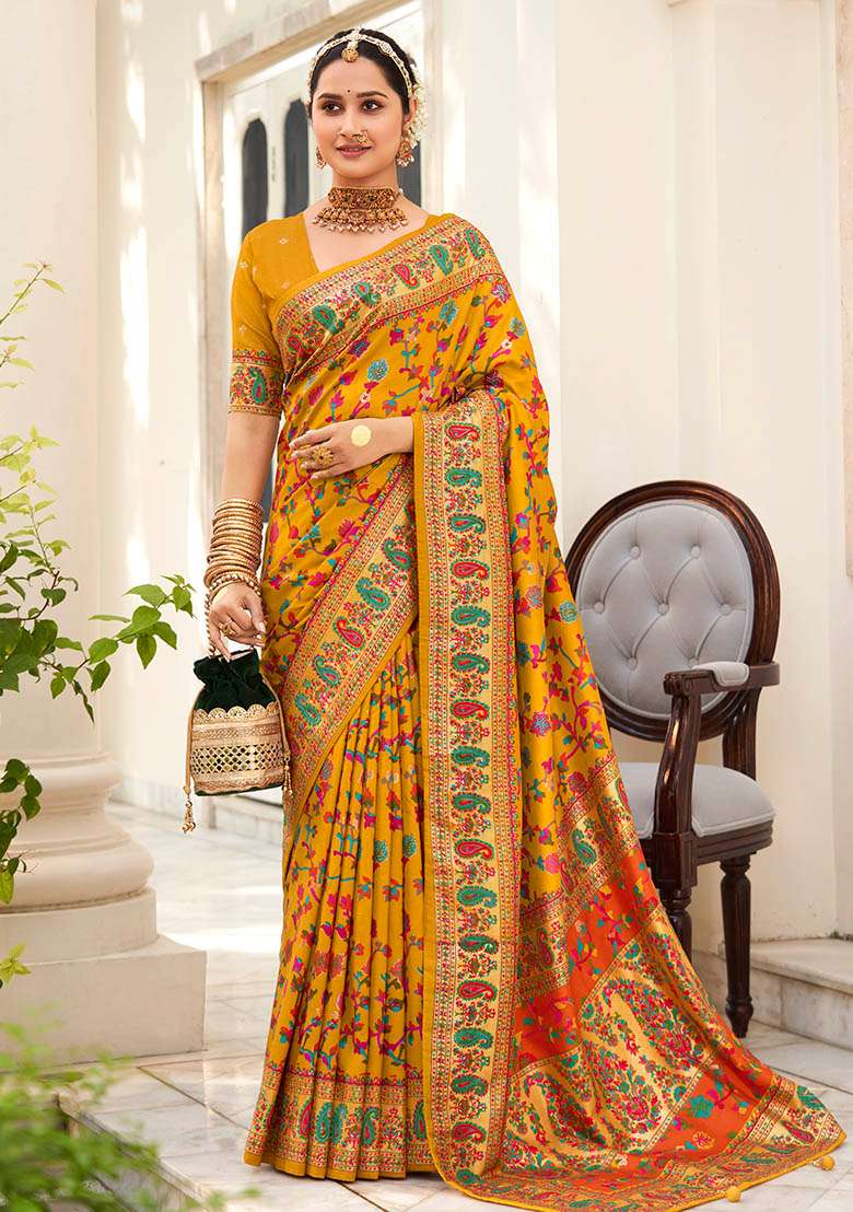 Dark Orange Printed Silk Saree Set - Indya