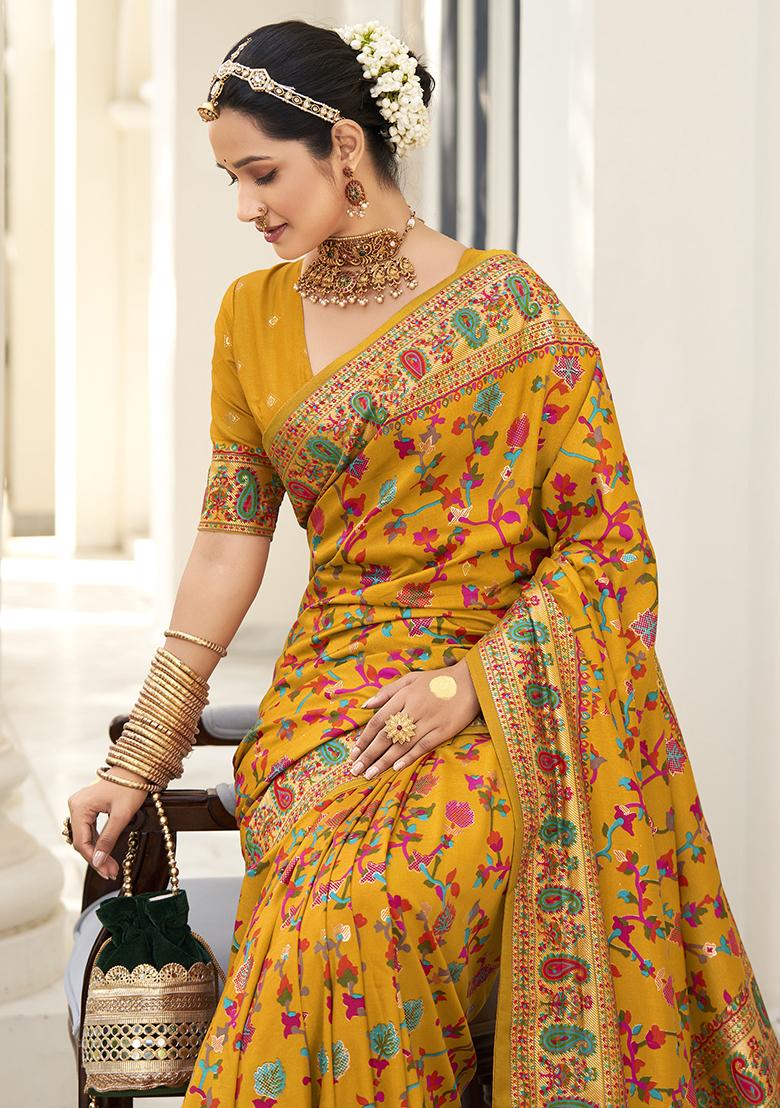 Dark Orange Printed Silk Saree Set