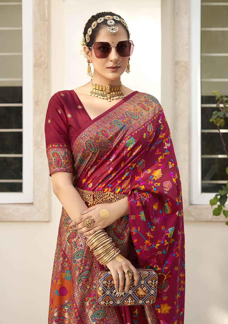 Vivid Burgundy Printed Silk Saree Set