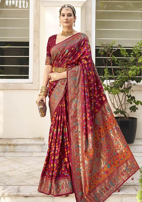Vivid Burgundy Printed Silk Saree Set