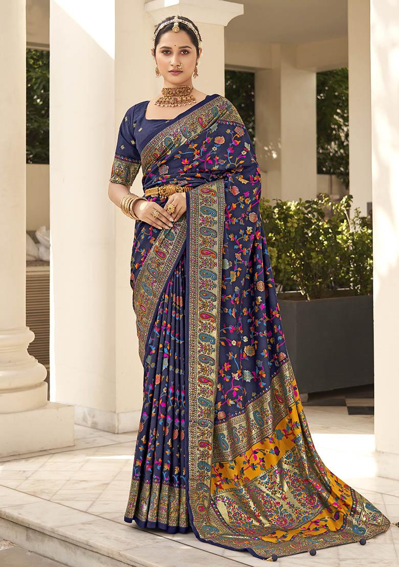 Dark Blue Printed Silk Saree Set