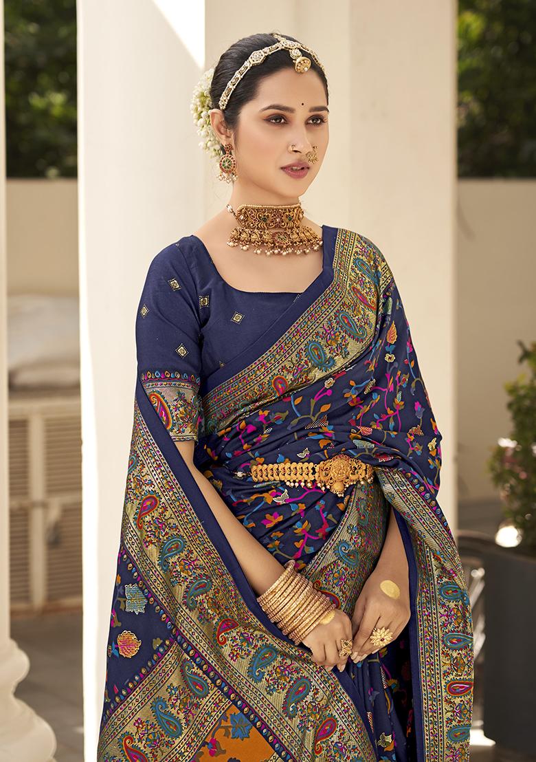 Dark Blue Printed Silk Saree Set