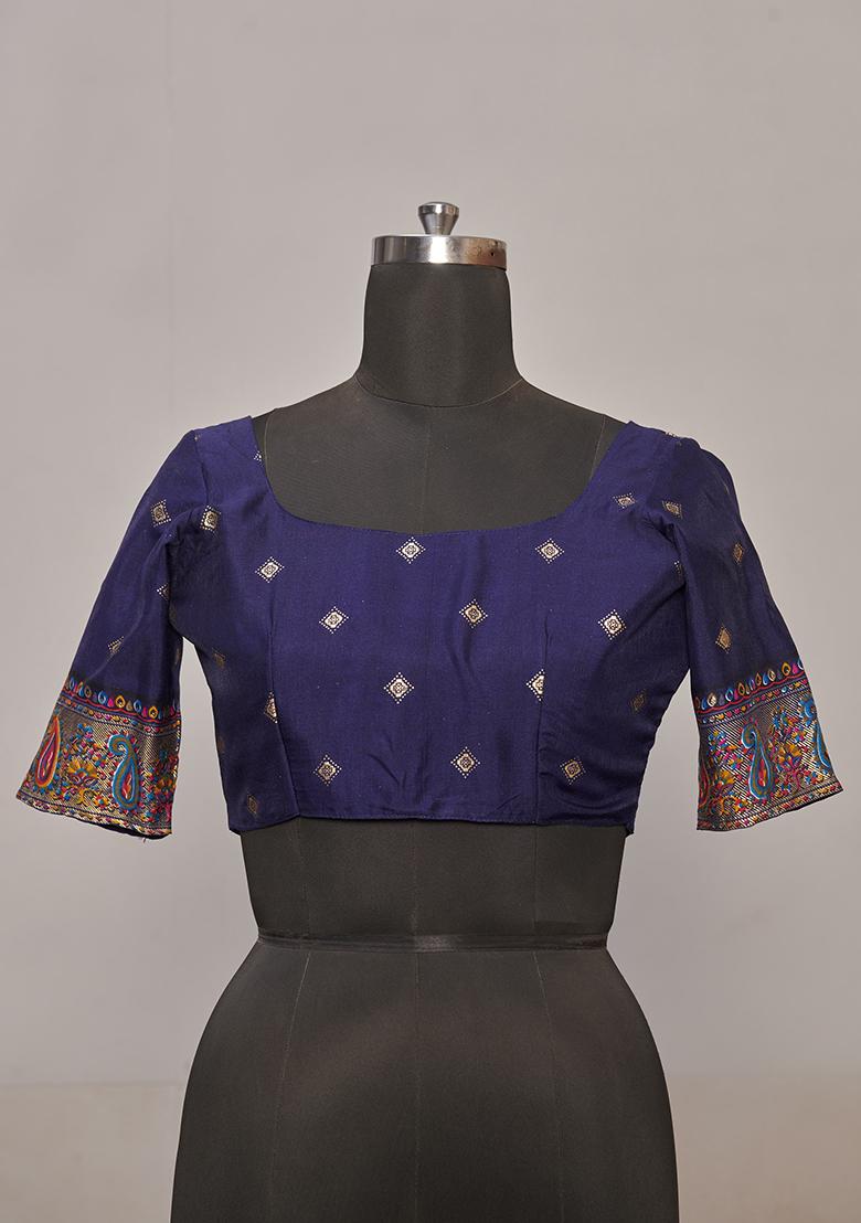 Dark Blue Printed Silk Saree Set