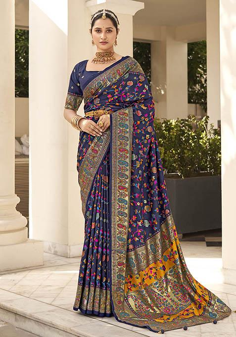 Dark Blue Printed Silk Saree Set