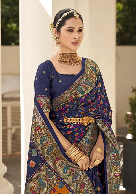 Dark Blue Printed Silk Saree Set