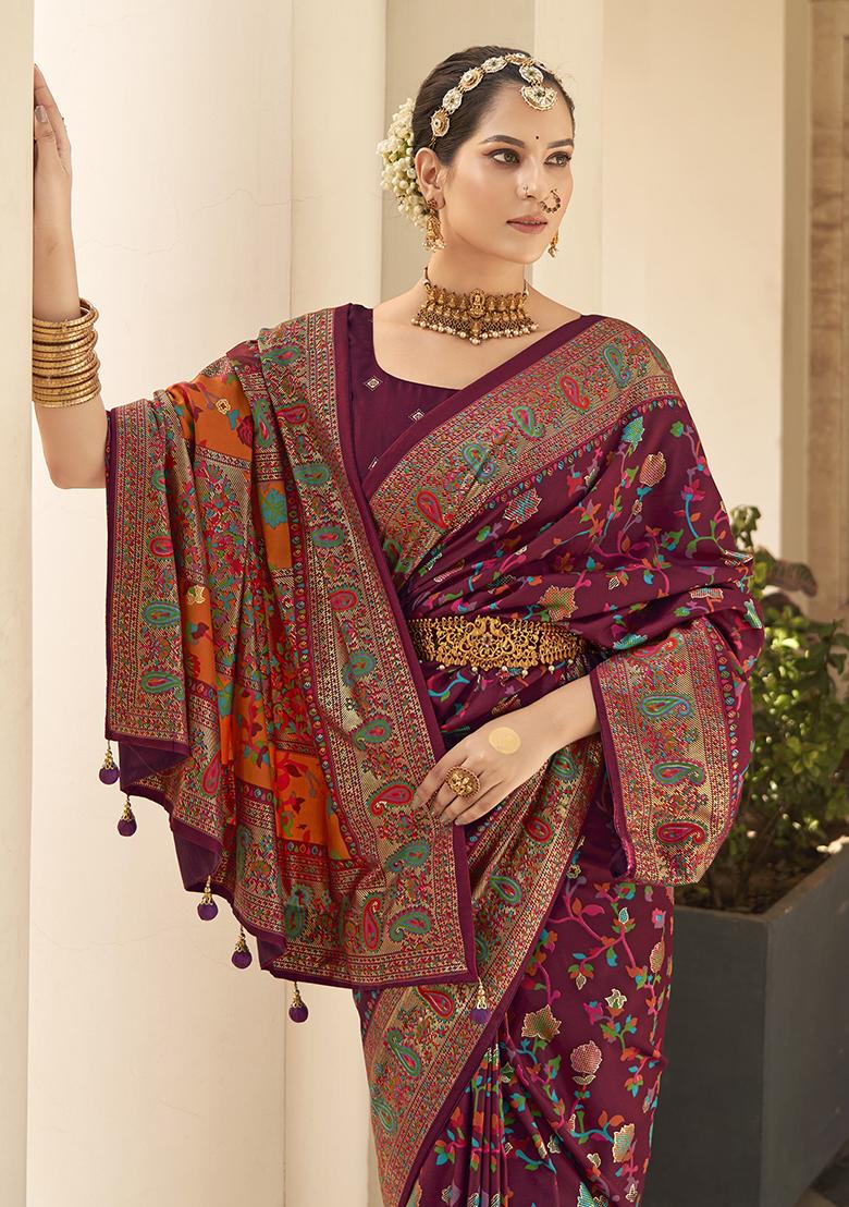 Wine Berry Printed Silk Saree Set